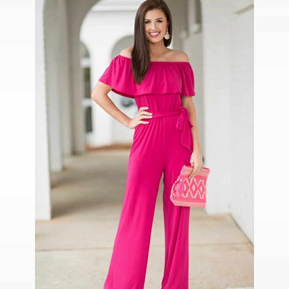Women's ruffled off shoulders wide leg jumpsuit